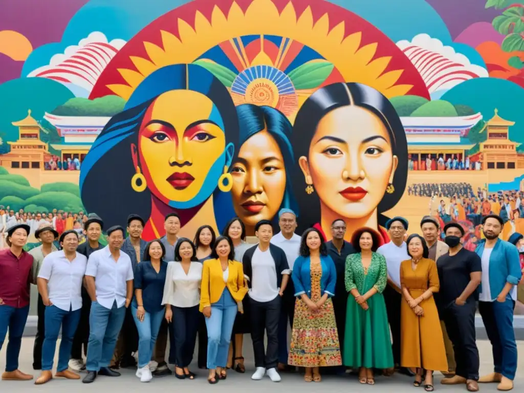 Grupo de artistas y activistas asiáticos frente a un mural colorido que refleja la diversidad y la fuerza revolucionaria del arte asiático