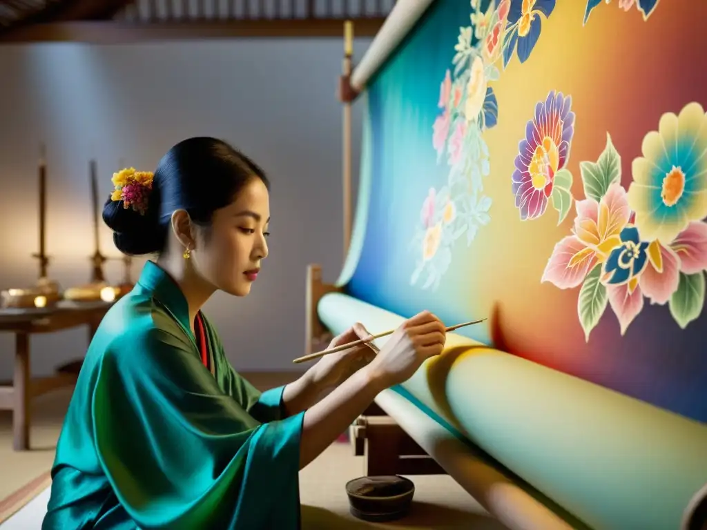 Artistas asiáticos preservando tradición en seda Grupo de artistas asiáticos meticulosamente pintando diseños tradicionales en una seda ornamental, manteniendo viva la esencia del arte asiático