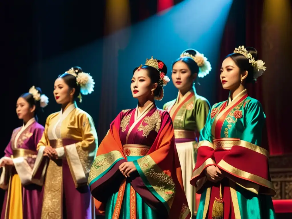 Grupo de artistas asiáticos en vibrantes trajes tradicionales, cautivando al público en un teatro, iluminados por un foco