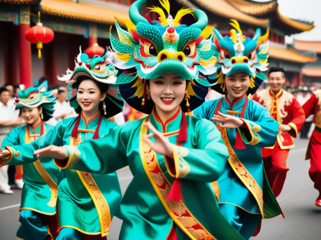 Grupo de artistas chinos danzando con gracia en coloridos trajes de dragón durante celebración festiva