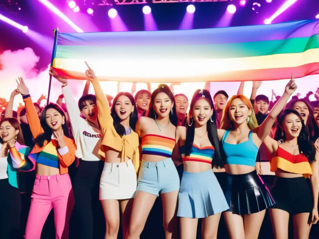 Grupo de artistas KPop en concierto, rodeados de luces arcoíris y fans con banderas LGBTQ+