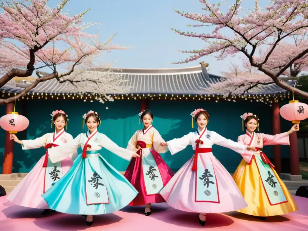 Grupo de artistas de KPop ejecutando danza tradicional en hanboks entre cerezos en flor y caligrafía coreana, evocando el origen y evolución del KPop