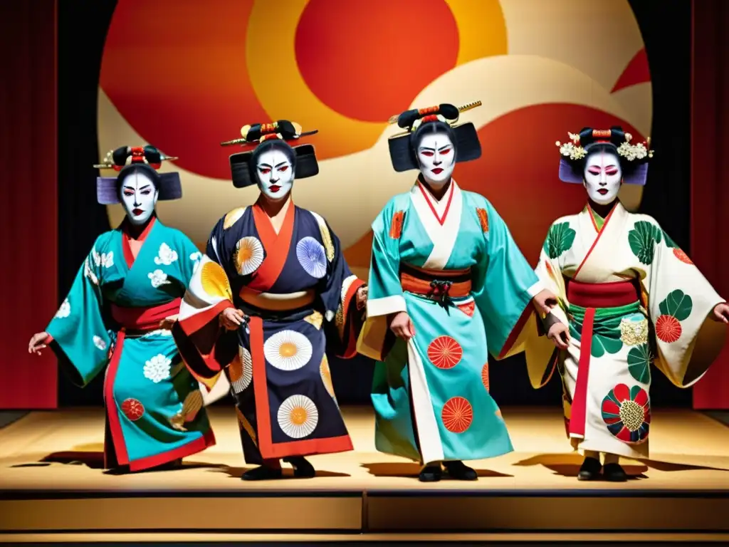 Grupo de artistas en escenario de kabuki, con trajes elaborados y maquillaje llamativo, fusionando expresiones artísticas contemporáneas asiáticas con tradiciones culturales ancestrales