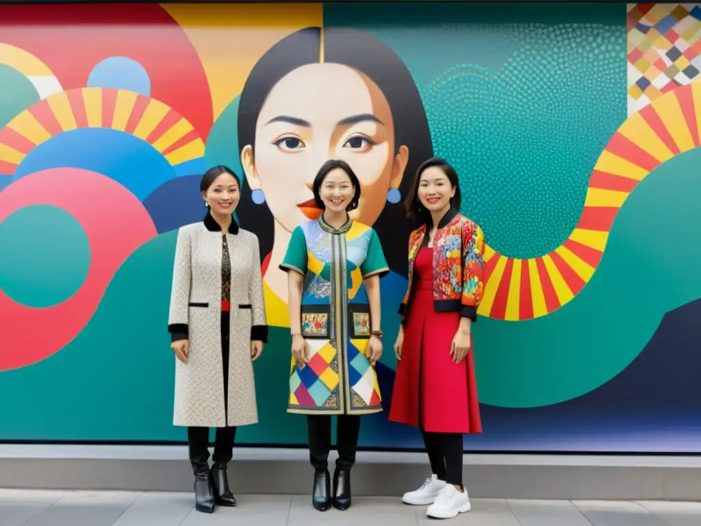 Un grupo de artistas femeninas contemporáneas asiáticas posa frente a un vibrante mural, reflejando pasión por romper barreras en el arte