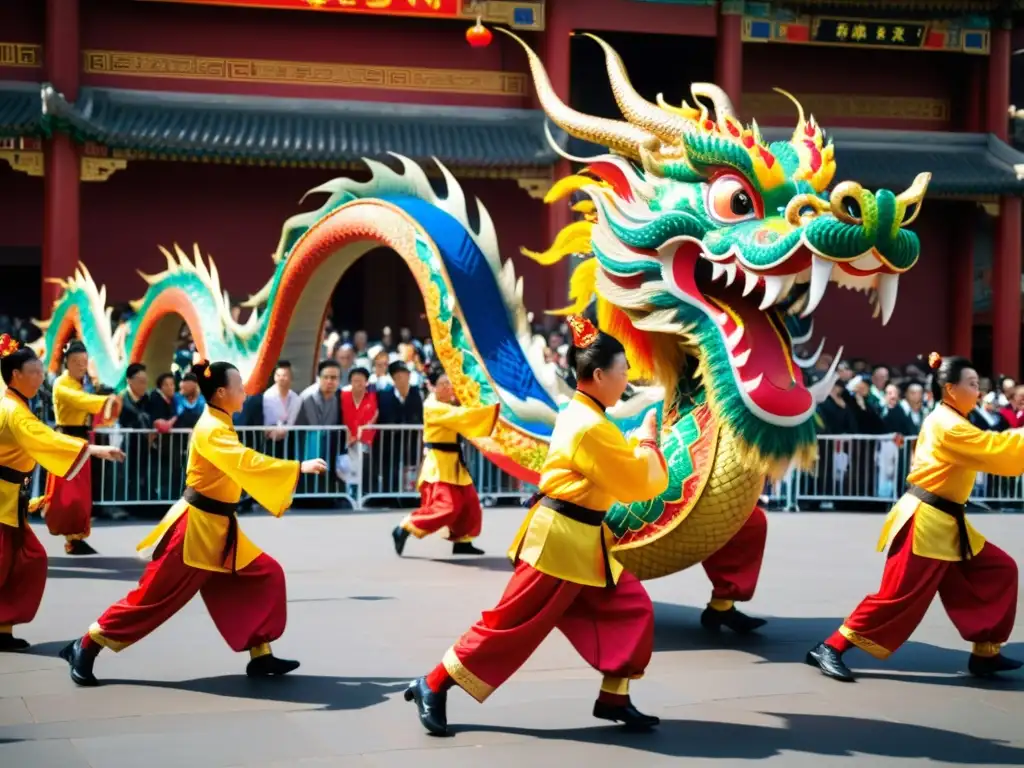 Grupo de artistas hábiles danzando en trajes tradicionales de dragón chino en la plaza de la ciudad