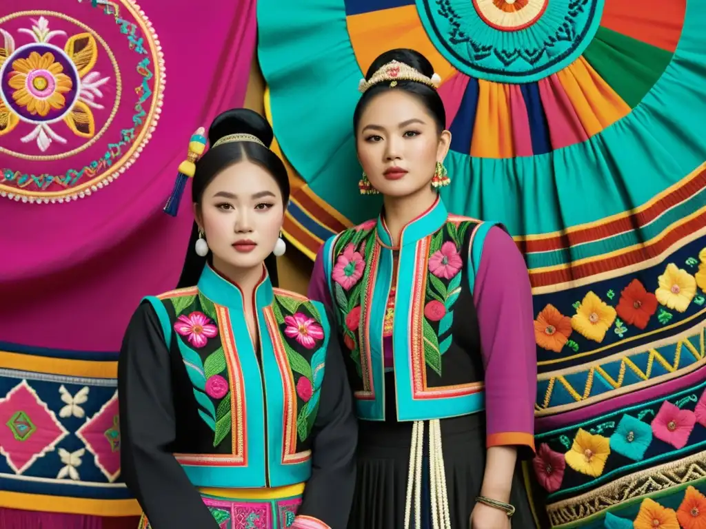 Grupo de artistas Hmong exhibiendo vestimenta tradicional, con colores vibrantes y bordados intrincados, preservando su significado cultural