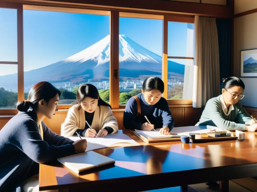 Un grupo de artistas japoneses contemporáneos se reúnen alrededor de una mesa, discutiendo y esbozando interpretaciones del Monte Fuji