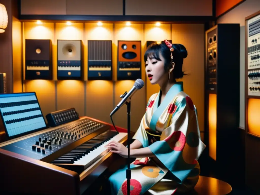 Un grupo de artistas japoneses se reúnen en un estudio de grabación iluminado con instrumentos tradicionales y sintetizadores vintage