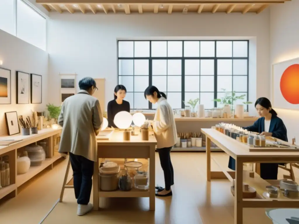 Grupo de artistas japoneses trabajando en un estudio de arte contemporáneo en Tokio, reflejando retos y oportunidades para artistas japoneses