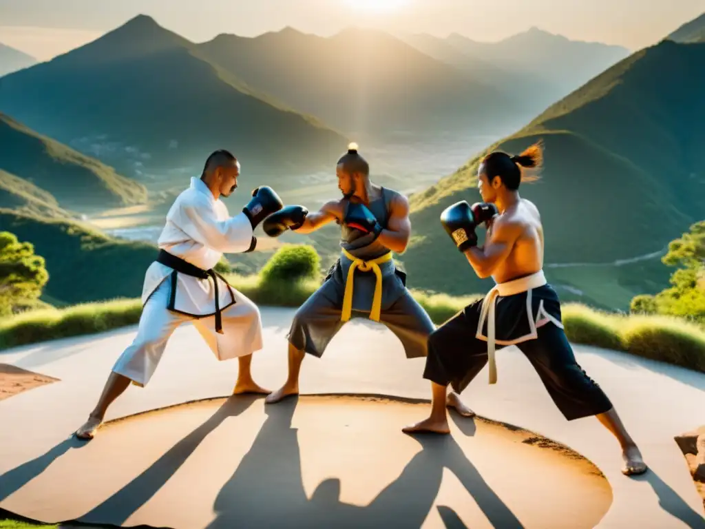 Un grupo de artistas marciales antiguos practican técnicas de kickboxing en un escenario montañoso y sereno, con el sol iluminando la escena