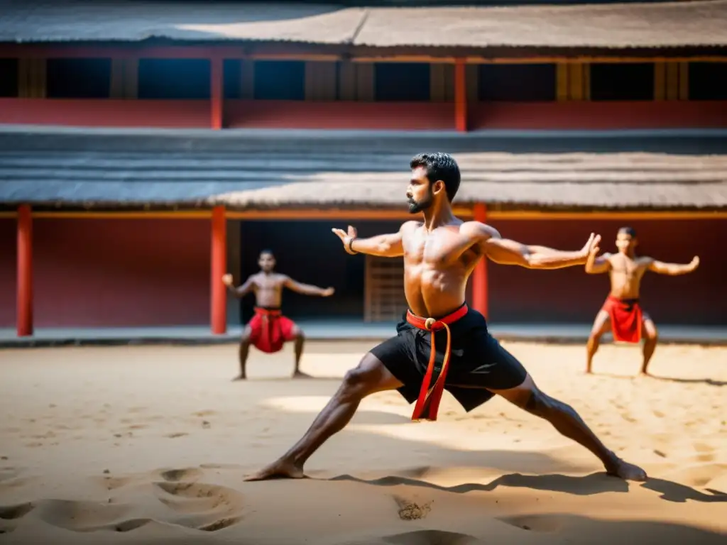 Un grupo de artistas marciales practican Kalaripayattu en un campo tradicional, mostrando movimientos intrincados y posturas disciplinadas
