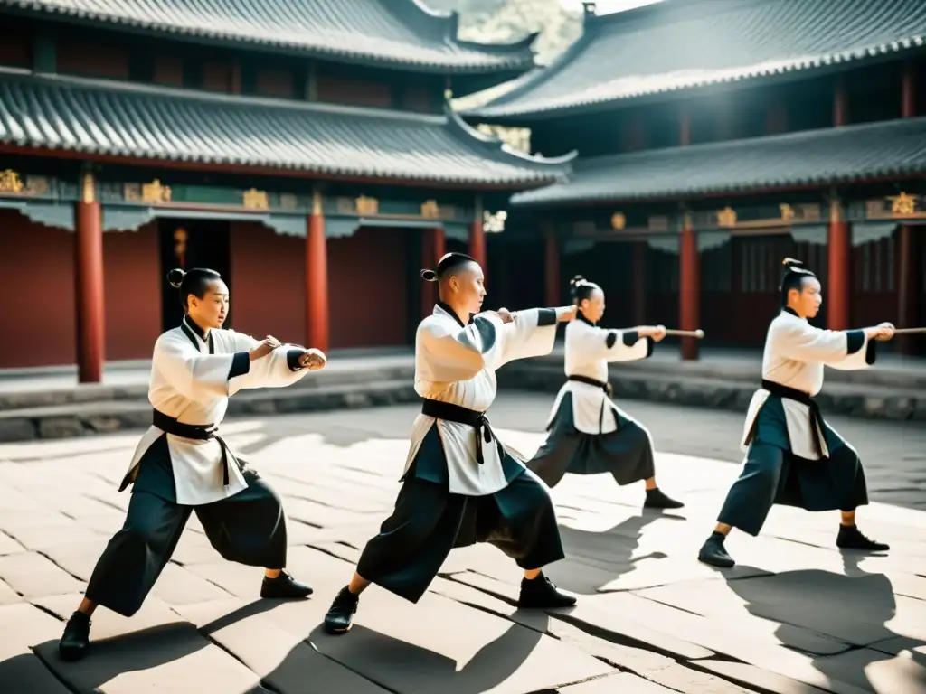 Grupo de artistas marciales chinos practicando Sanda en un patio tradicional, destacando el nacimiento del Sanda en China con su historia y cultura