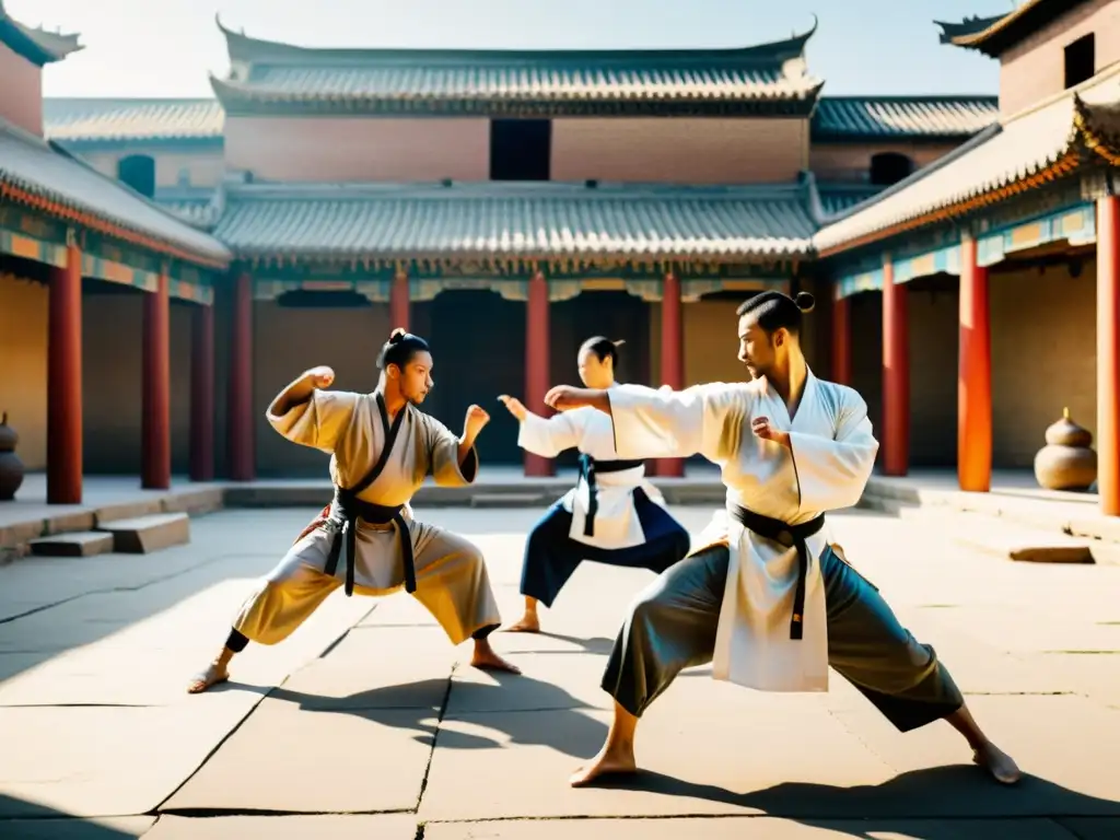 Grupo de artistas marciales contemporáneos practicando en un patio soleado con ruinas de la Ruta de la Seda al fondo, reflejando la influencia del papel de la Ruta de la Seda en artes marciales