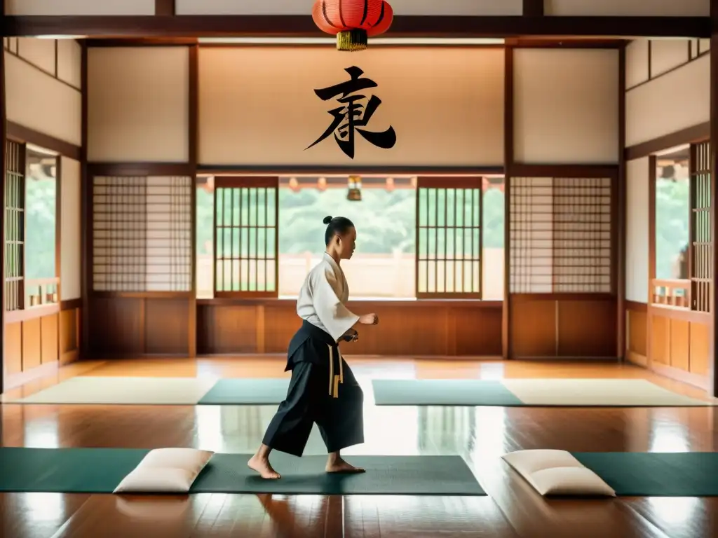 Grupo de artistas marciales practicando en un dojo tradicional en Asia, evocando la evolución de las artes marciales tradicionales en Asia