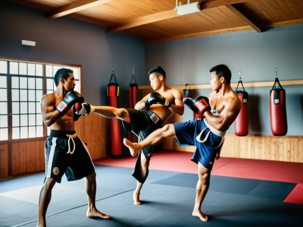 Un grupo de artistas marciales practica kickboxing en un dojo tradicional, mostrando la fusión de tradición y modernidad en el deporte