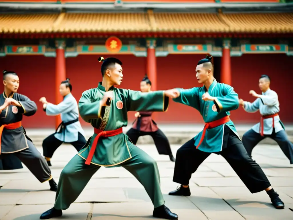 Un grupo de artistas marciales practicando Kung Fu en un entorno tradicional, destacando la intensidad y precisión de sus movimientos