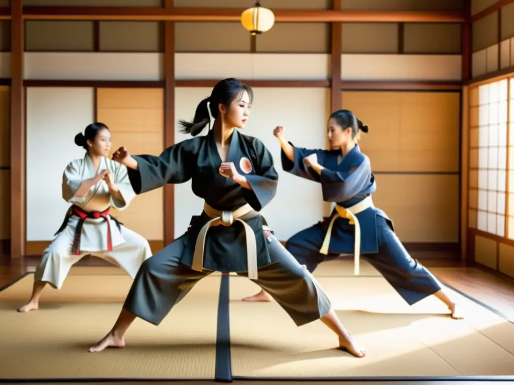 Un grupo de artistas marciales femeninas practican técnicas de combate en un dojo japonés, mostrando fuerza y determinación