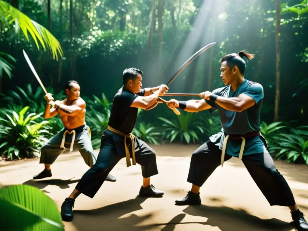 Un grupo de artistas marciales filipinos en atuendo tradicional realizando técnicas de Eskrima en un exuberante bosque tropical