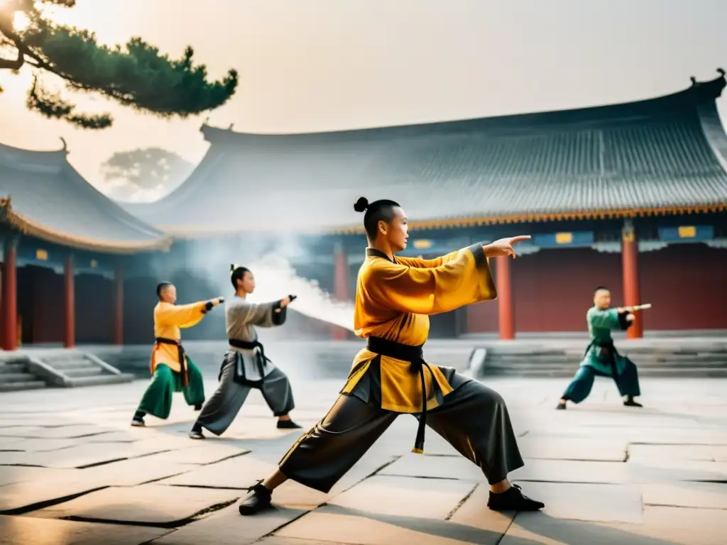 Un grupo de artistas marciales practica kung fu frente al antiguo Templo Shaolin, envuelto en la niebla matutina