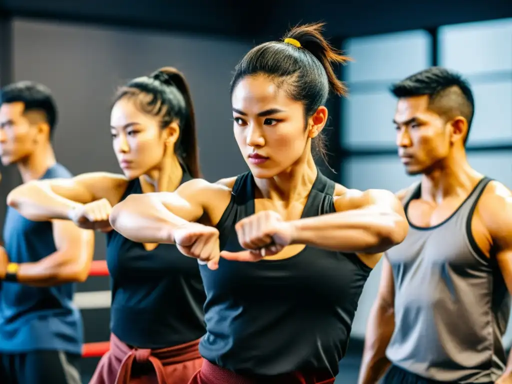 Grupo de artistas marciales practicando Jeet Kune Do con intensidad y precisión, destacando la importancia del legado Jeet Kune Do en la actualidad