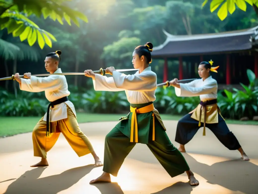 Grupo de artistas marciales practicando KrabiKrabong en el bosque de Tailandia, capturando el legado marcial