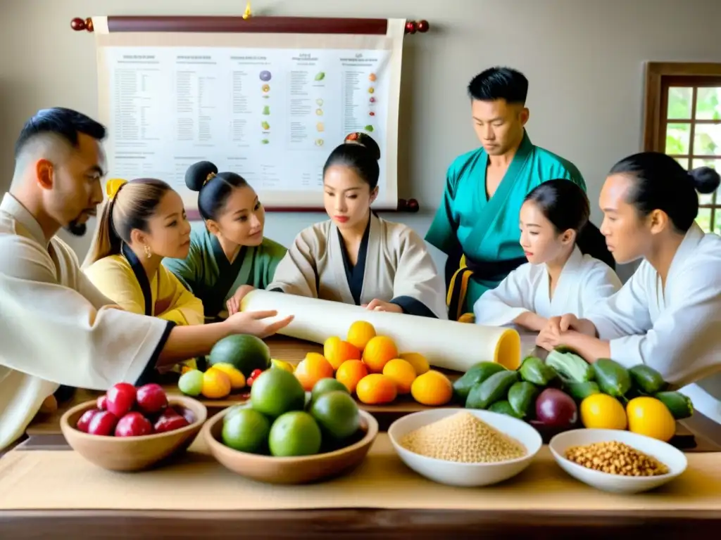 Un grupo de artistas marciales examina detenidamente una mesa repleta de alimentos mientras un nutricionista les muestra un plan de comidas detallado