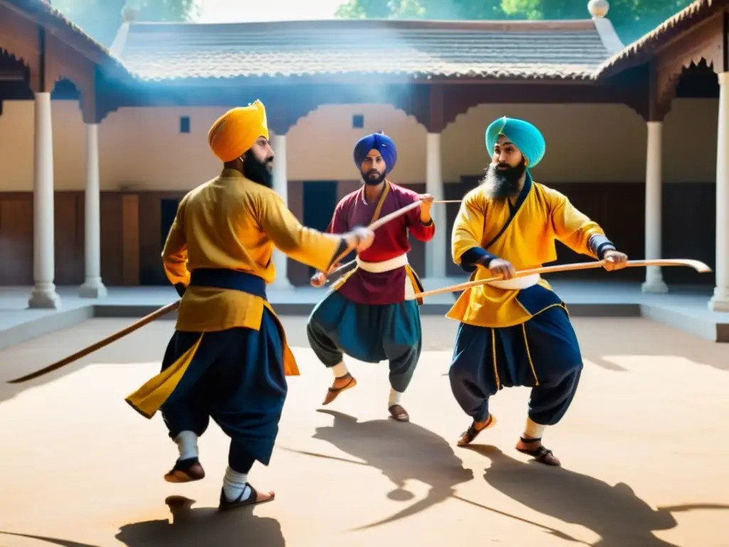 Un grupo de artistas marciales sikhs practican Gatka en un patio soleado, mostrando movimientos precisos y expresiones concentradas