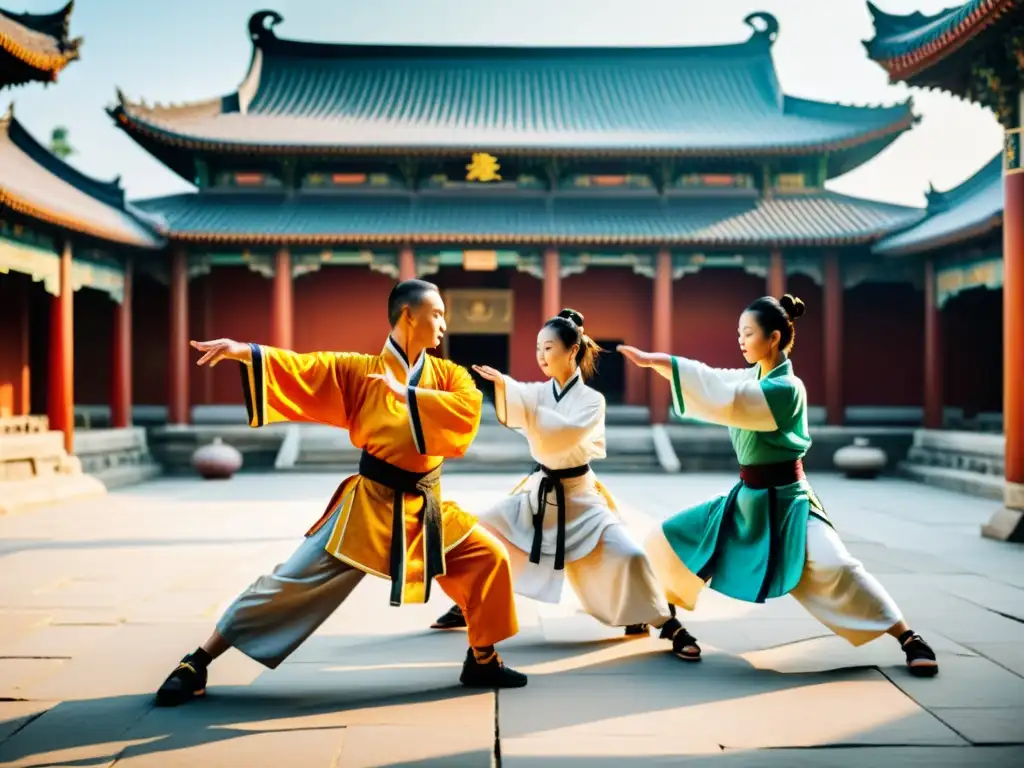 Un grupo de artistas marciales practica Wushu en un patio sereno, rodeado de antiguas esculturas y pagodas