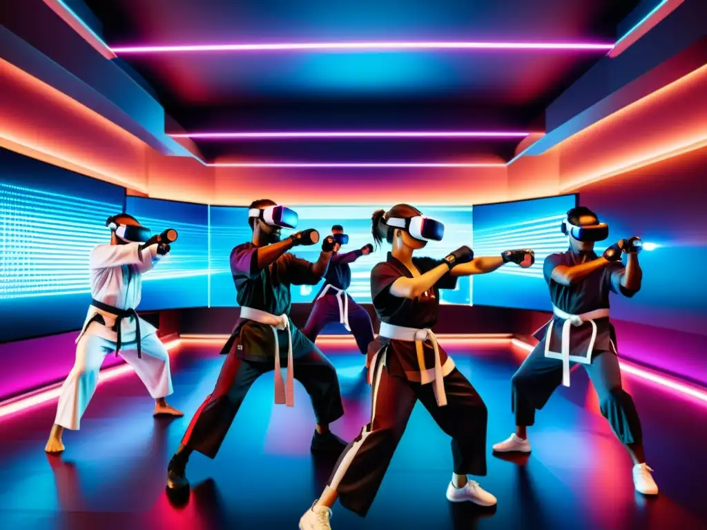 Grupo de artistas marciales en realidad virtual entrenando en un dojo futurista, creando movimientos vibrantes