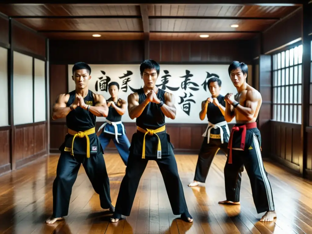 Grupo de artistas marciales practicando Jeet Kune Do en un salón tradicional, con disciplina y el legado Bruce Lee Jeet Kune palpable