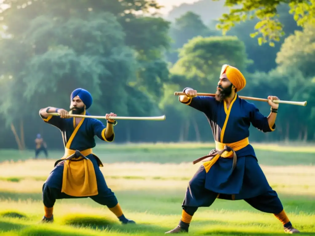 Grupo de artistas marciales sikhs practicando Gatka en un campo verde, transmitiendo la rica historia y espiritualidad de este arte marcial