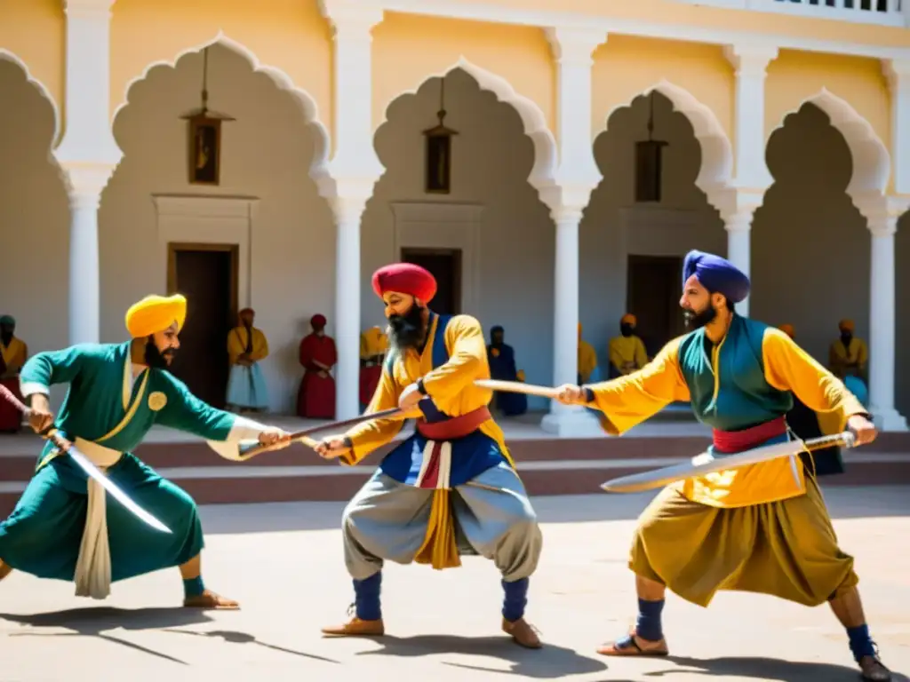 Un grupo de artistas marciales sikhs practicando Gatka en un patio bañado por el sol, con turbantes coloridos y túnicas fluídas