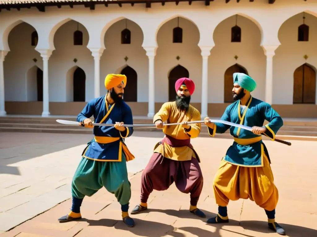 Un grupo de artistas marciales sikhs practicando Gatka en un patio tradicional, destacando con sus coloridos turbantes