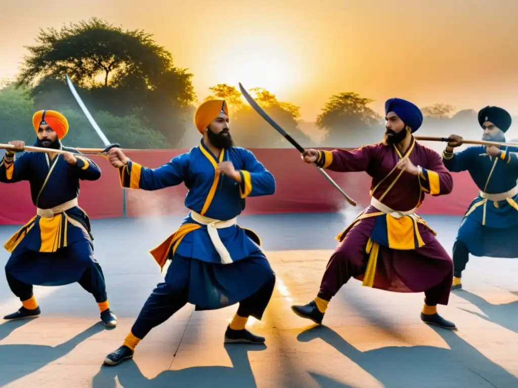 Grupo de artistas marciales sikhs practicando Gatka al amanecer, mostrando la historia y belleza de este arte marcial en la tradición sij