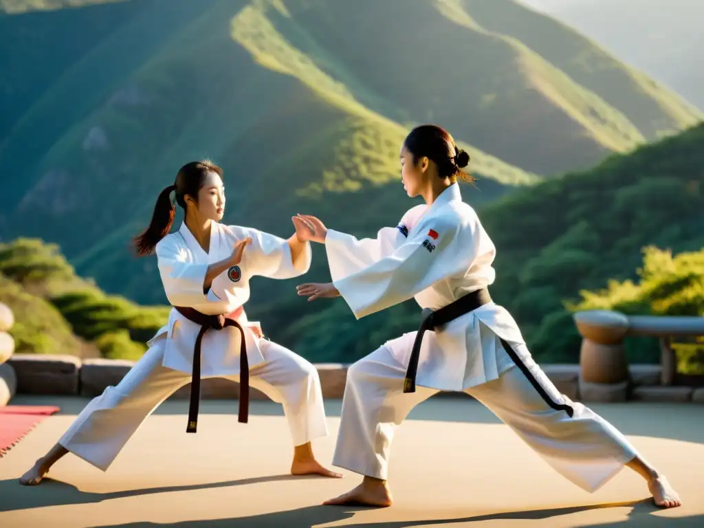 Un grupo de artistas marciales practican Taekwondo al atardecer, con la influencia de los Tres Reinos en el Arte Marcial Coreano