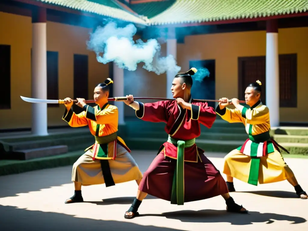 Grupo de artistas marciales tailandeses practicando KrabiKrabong en un patio soleado, mostrando el legado marcial de Tailandia