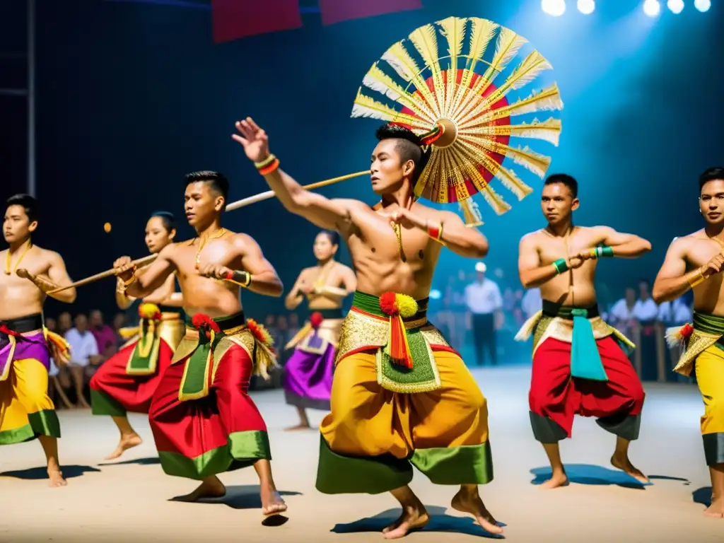 Un grupo de artistas marciales tailandeses danzando KrabiKrabong, mostrando el legado marcial de Tailandia en un ambiente vibrante y tradicional