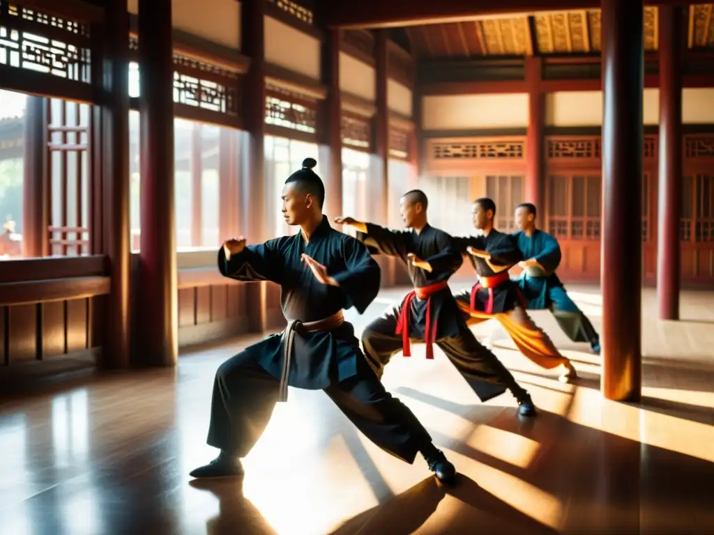 Grupo de artistas marciales practicando técnicas de Estilos ocultos de Kung Fu en un salón tradicional iluminado con luz tenue y sombras dramáticas