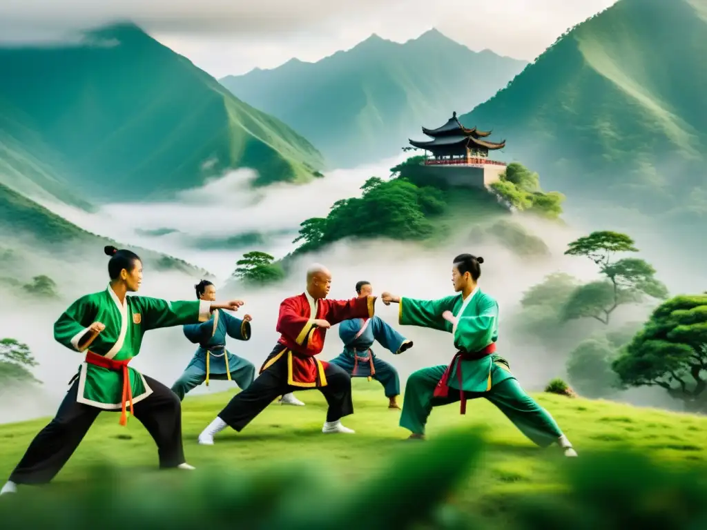 Grupo de artistas marciales practicando kung fu tradicional en la tranquila y misteriosa montaña, mostrando la historia evolutiva del kung fu