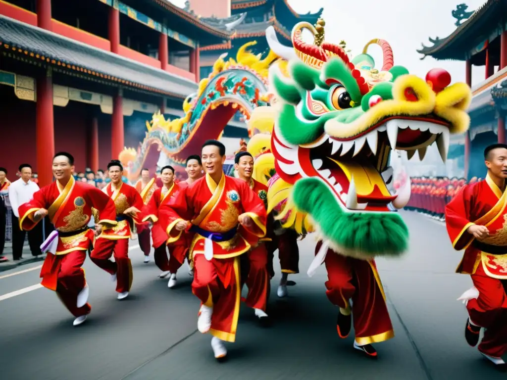 Grupo de artistas marciales en trajes tradicionales de danza del dragón, desfilando por una bulliciosa ciudad china durante una festividad