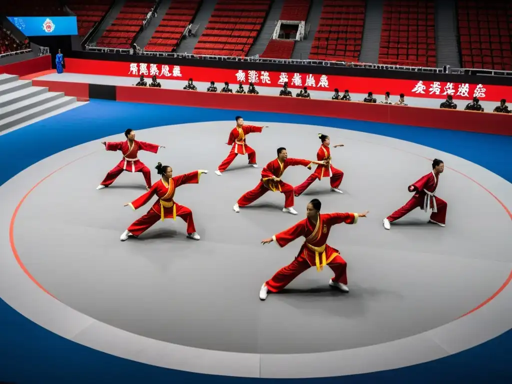 Grupo de artistas marciales en trajes chinos tradicionales ejecutando una rutina sincronizada y dinámica de wushu en una arena moderna