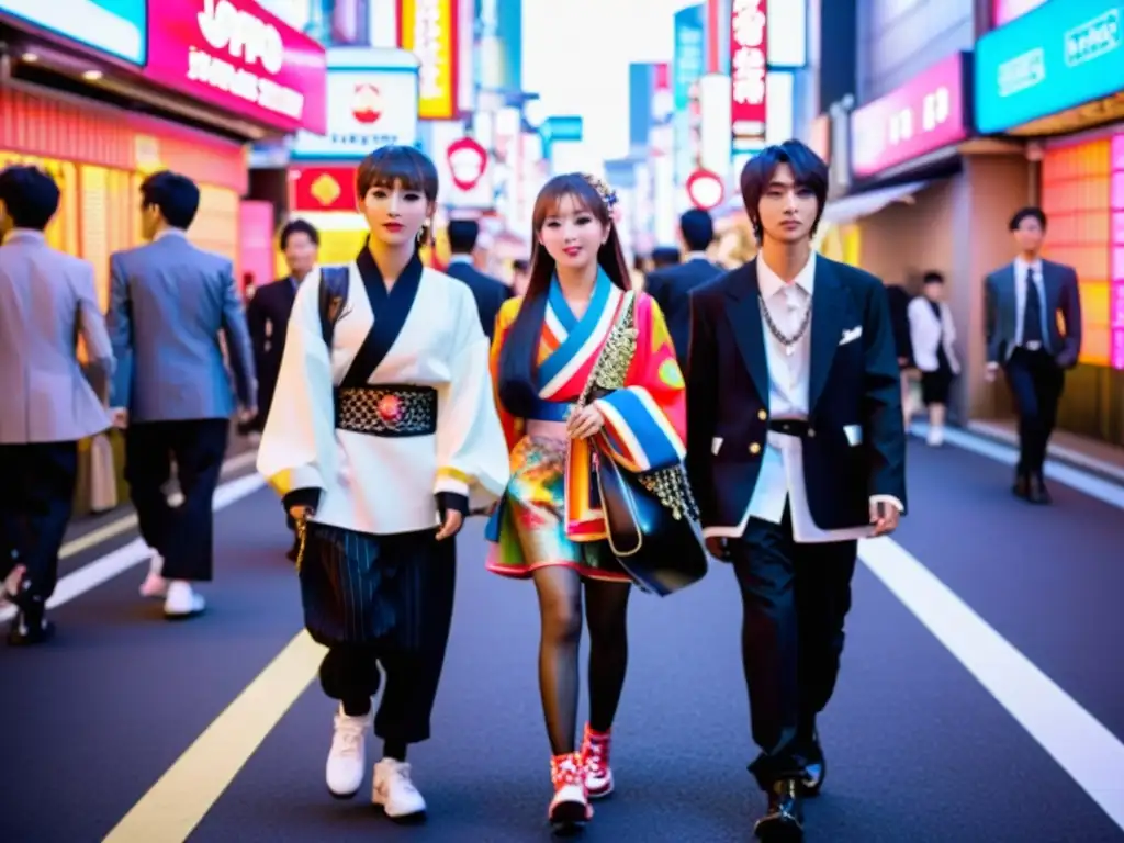 Un grupo de artistas de la moda JPop pasea por las bulliciosas calles de Tokio, fusionando lo tradicional con lo vanguardista en sus atuendos