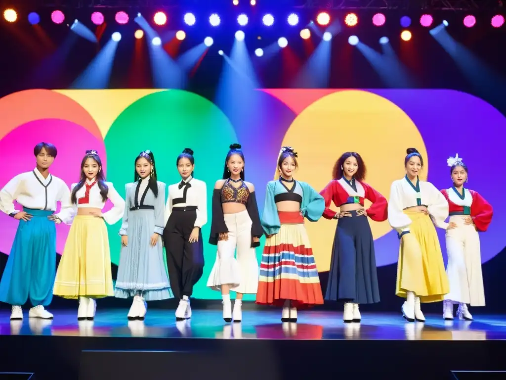 Grupo de artistas de KPop de diferentes orígenes étnicos en el escenario, unidos en una presentación colorida que fusiona elementos culturales