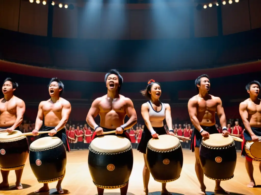 Grupo de artistas de taiko en círculo, listos para tocar con impacto cultural