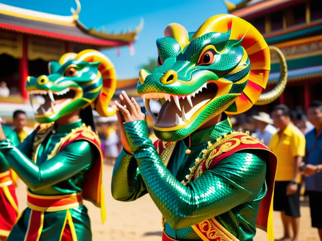 Grupo de artistas tailandeses danzando en vibrantes trajes de serpiente durante el Festival de la Serpiente Tailandia