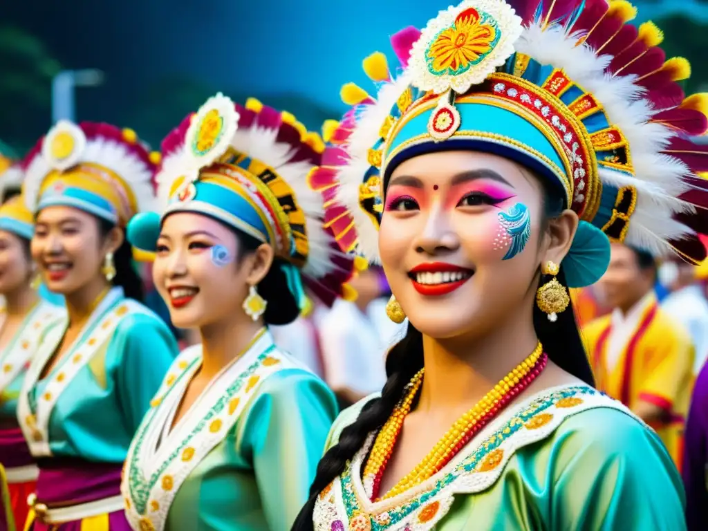 Grupo de artistas en trajes tradicionales participando en el Festival Chingay Parade en Singapur, con detalles vibrantes y expresiones de alegría