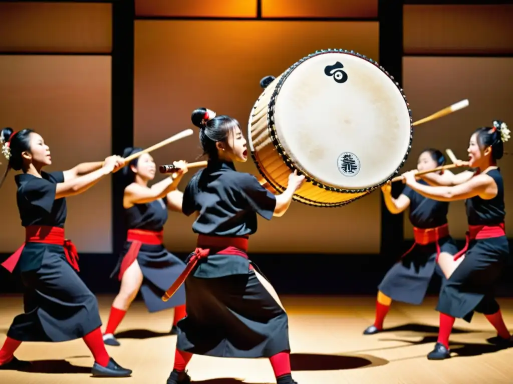 Un grupo de artistas vistiendo trajes tradicionales japoneses tocando tambores taiko, mostrando la construcción y significado de estos instrumentos