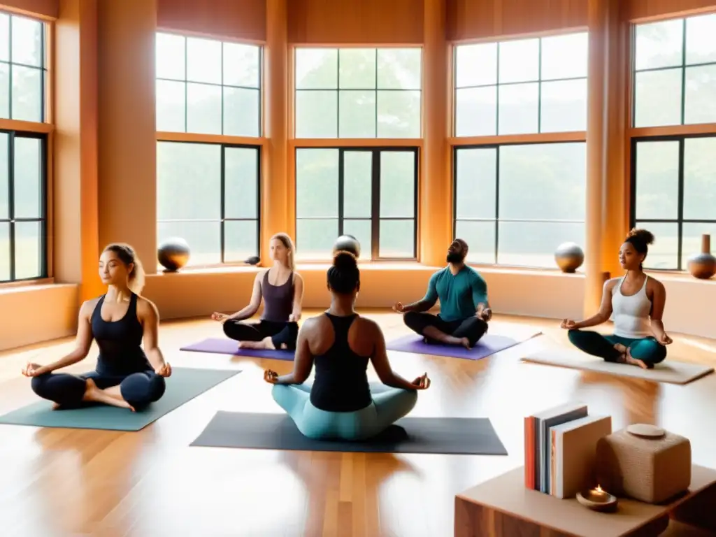 Grupo de artistas practicando yoga en un estudio lleno de luz natural y energía creativa