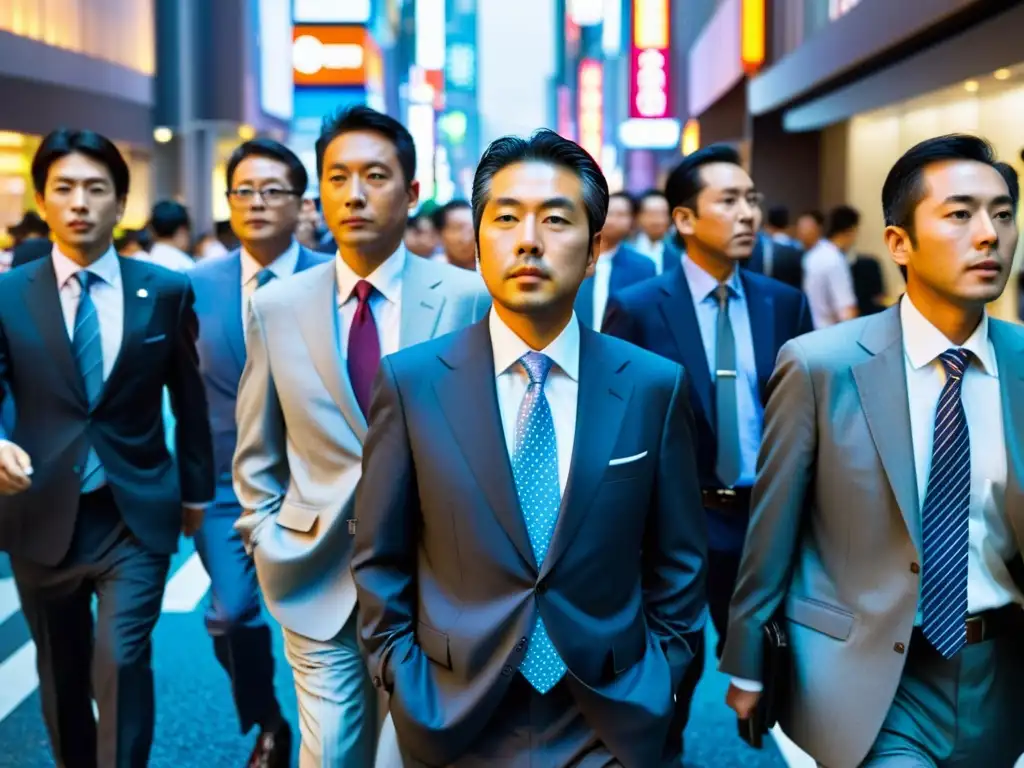 Un grupo de asalariados japoneses en trajes de negocios caminando en perfecta sincronización por una concurrida calle de Tokio durante la hora pico