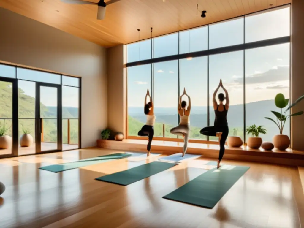 Grupo en asanas yoga con equilibrio energía, en estudio sereno con vista natural